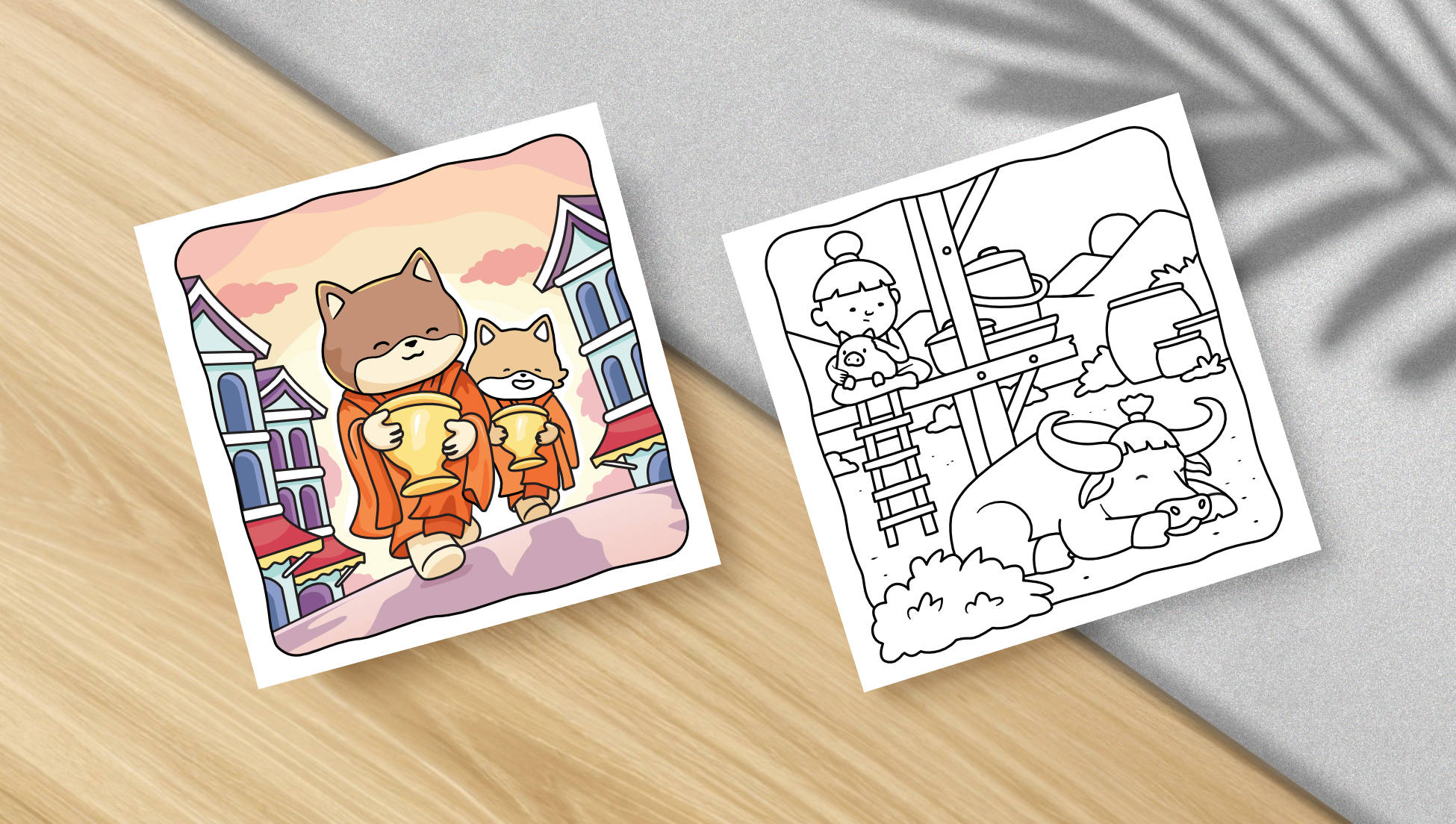 Cozy Thailand monks and buffalo coloring pages